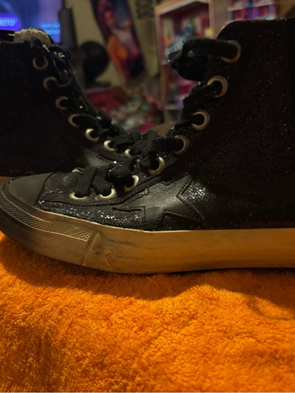 Golden Goose Black Glitter High-Top Sneaker with Gold Sole